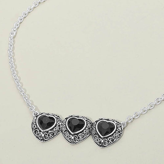 Madeline Love Antique Silver, Black Triple Antique Metal Scrollwork Frame Heart Tile Pendant Necklace - Jewelry