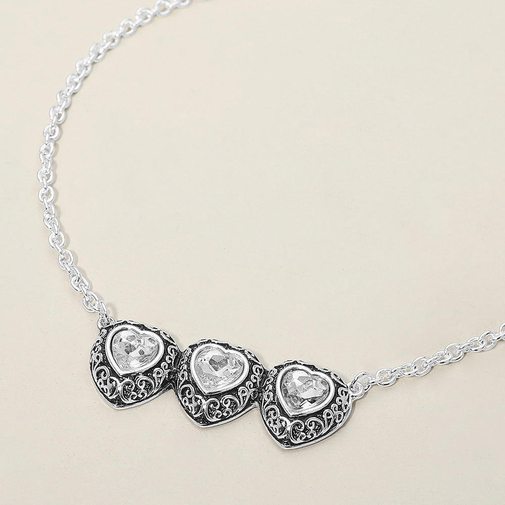 Madeline Love Antique Silver, Clear Triple Antique Metal Scrollwork Frame Heart Tile Pendant Necklace - Jewelry