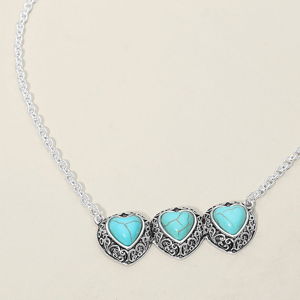 Madeline Love Antique Silver, Turquoise Triple Antique Metal Scrollwork Frame Heart Tile Pendant Necklace - Jewelry