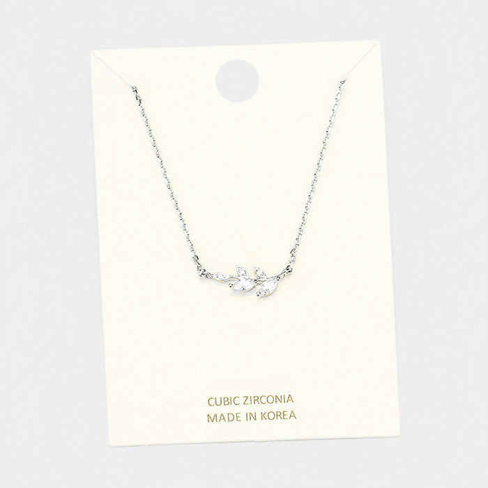 Madeline Love Clear, Rhodium Cubic Zirconia Leaf Pendant Necklace - Necklaces