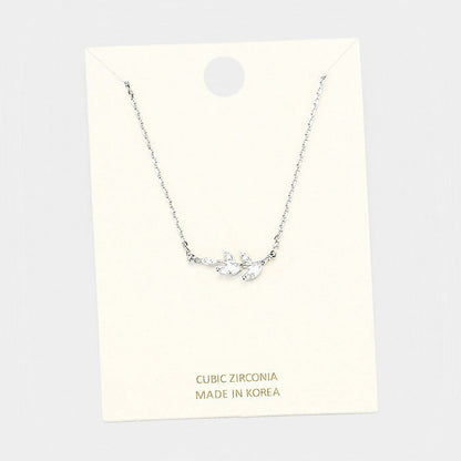 Madeline Love Clear, Rhodium Cubic Zirconia Leaf Pendant Necklace - Necklaces