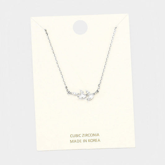 Madeline Love Clear, Rhodium Cubic Zirconia Leaf Pendant Necklace - Necklaces