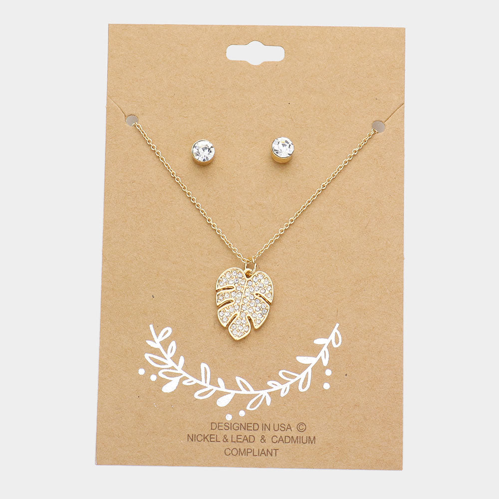 Madeline Love Gold Rhinestone Embellished Tropical Leaf Pendant Necklace - Necklaces