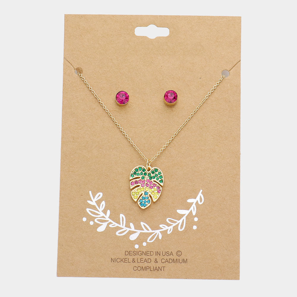 Madeline Love Multi Rhinestone Embellished Tropical Leaf Pendant Necklace - Necklaces