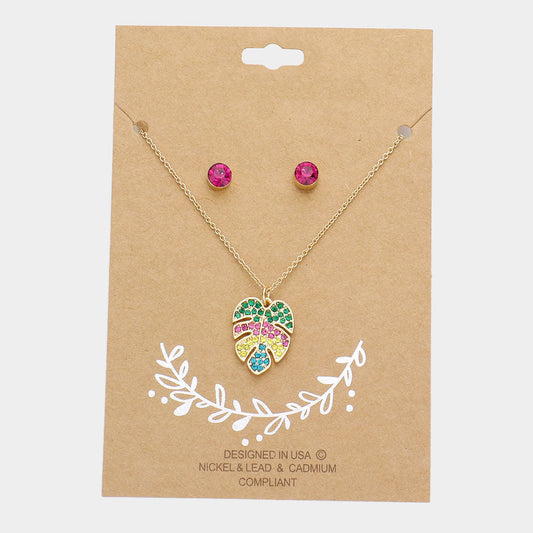 Madeline Love Multi Rhinestone Embellished Tropical Leaf Pendant Necklace - Necklaces