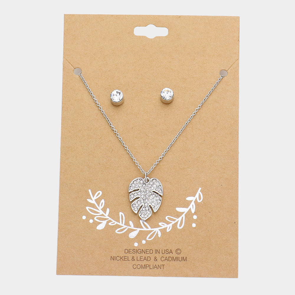 Madeline Love Rhodium Rhinestone Embellished Tropical Leaf Pendant Necklace - Necklaces