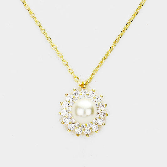 Madeline Love Clear, Cream, Gold Cubic Zirconia Pearl Accented Pendant Necklace - Jewelry