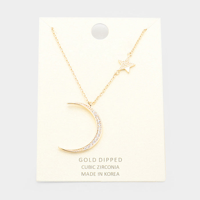 Madeline Love Clear, Gold Gold Dipped Cubic Zirconia Moon Star Pendant Necklace - Necklaces