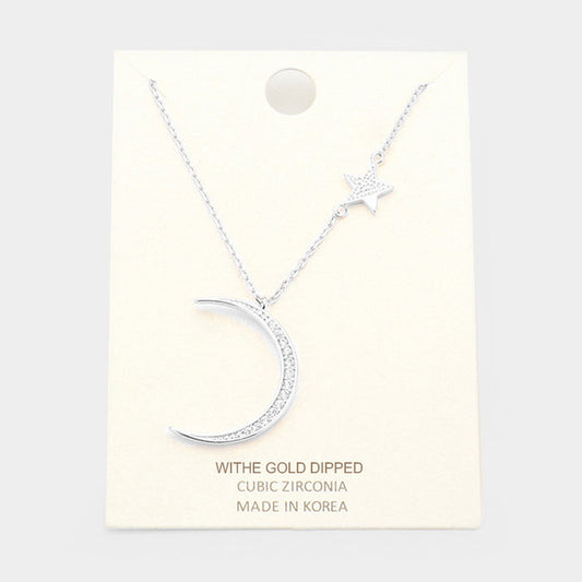 Madeline Love Clear, Rhodium White Gold Dipped Cubic Zirconia Moon Star Pendant Necklace - Necklaces
