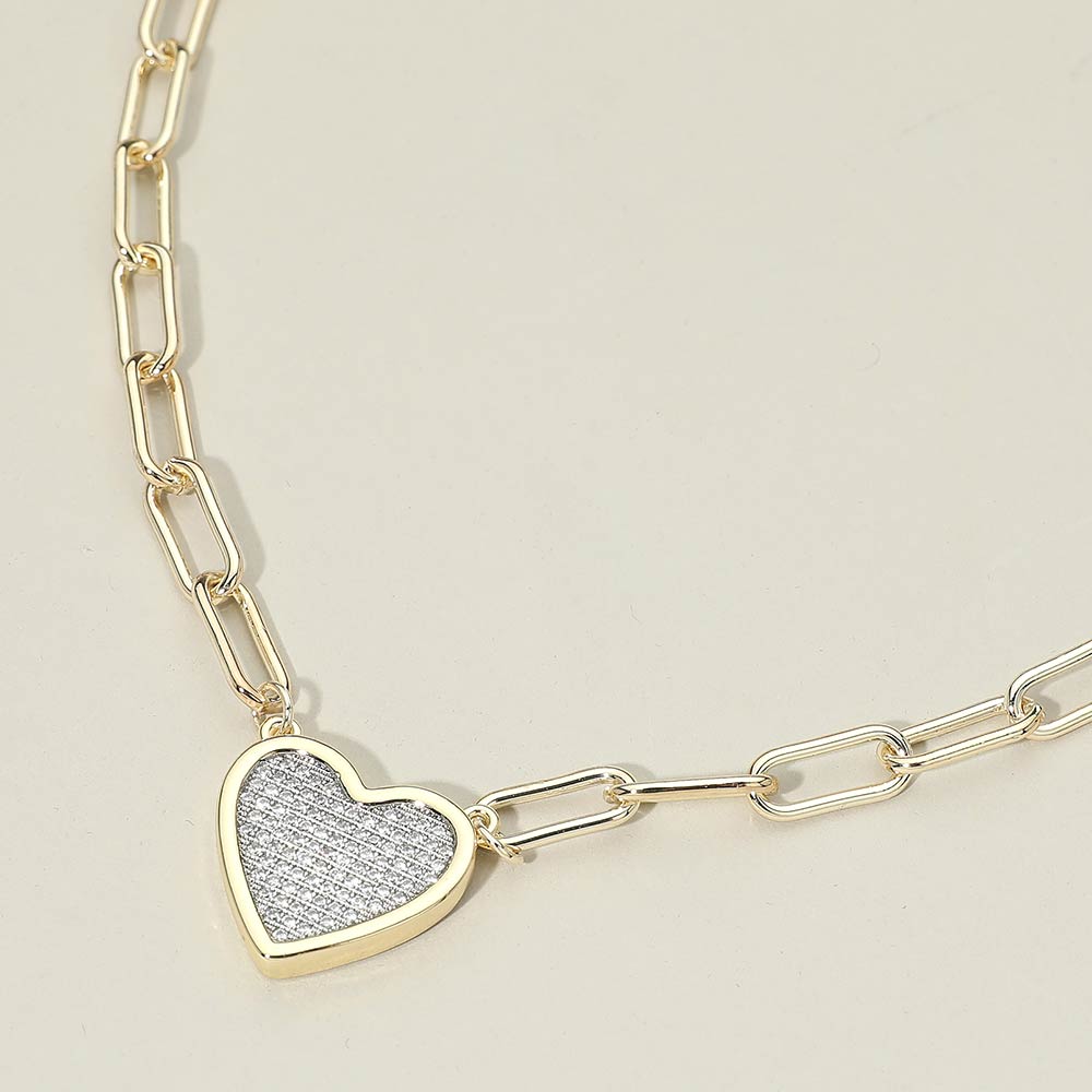 Madeline Love Gold 14K Gold Plated CZ Stone Paved Heart Pendant Paperclip Chain Necklace - Jewelry