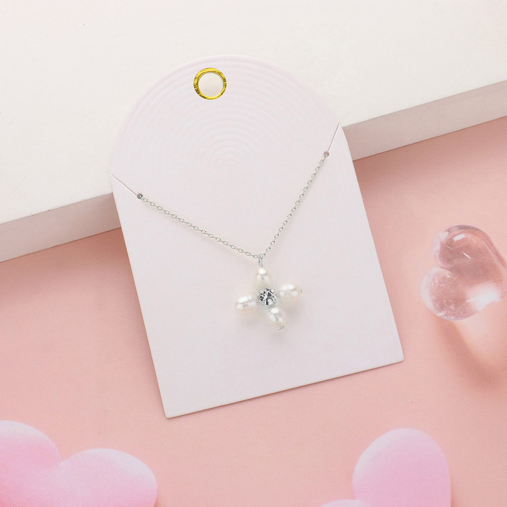 Madeline Love Cream, Silver Stone Pointed Pearl Flower Pendant Necklace - Necklaces