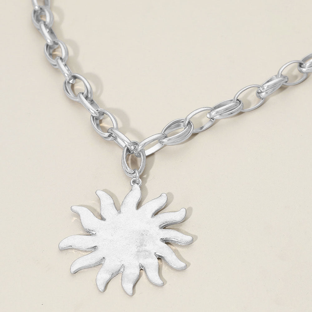 Madeline Love Worn Silver Brushed Metal Sunburst Pendant Chunky Chain Necklace - Necklaces