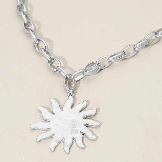Madeline Love Worn Silver Brushed Metal Sunburst Pendant Chunky Chain Necklace - Necklaces