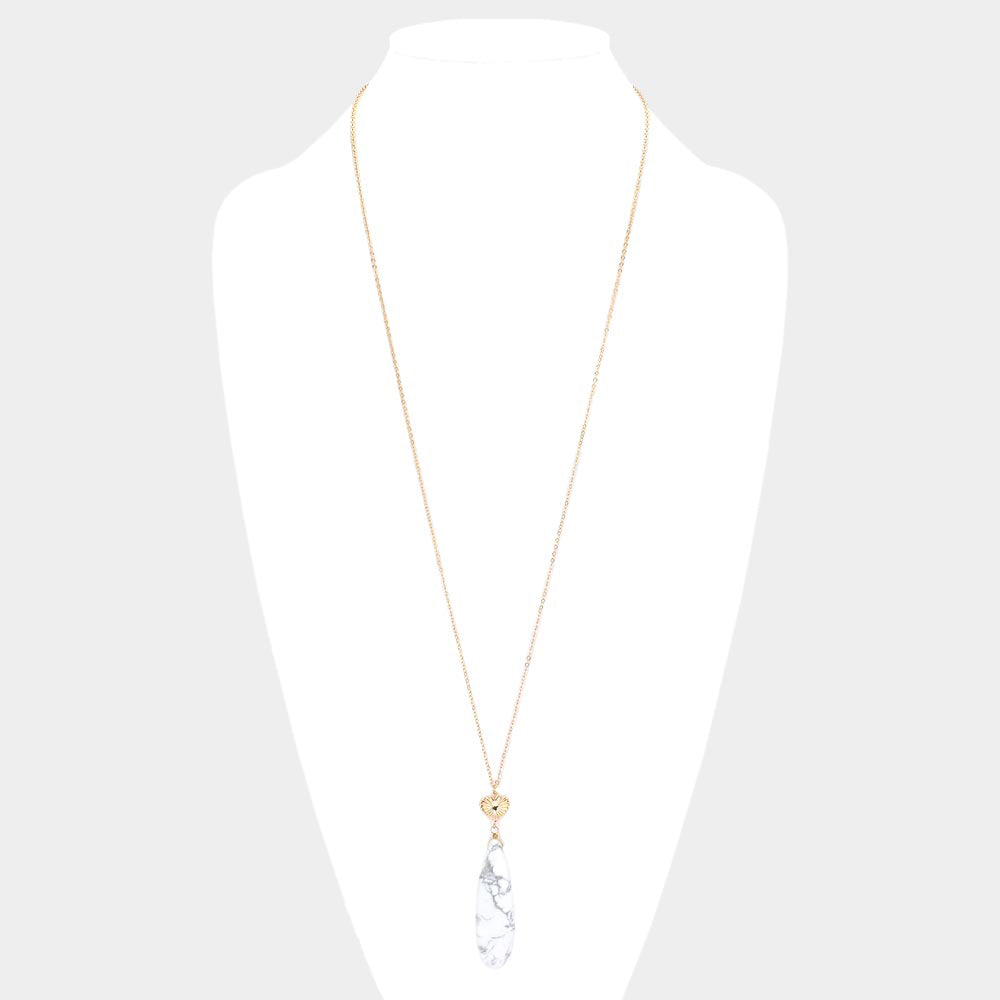 Metal Heart Teardrop Natural Stone Link Pendant Long Necklace - Necklaces