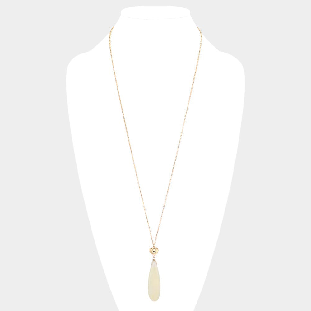 Metal Heart Teardrop Natural Stone Link Pendant Long Necklace - Necklaces