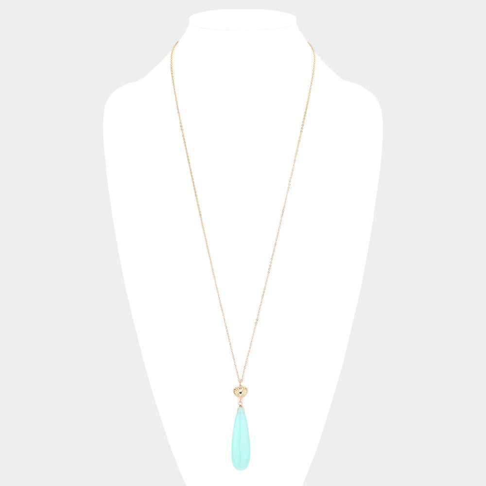 Metal Heart Teardrop Natural Stone Link Pendant Long Necklace - Necklaces
