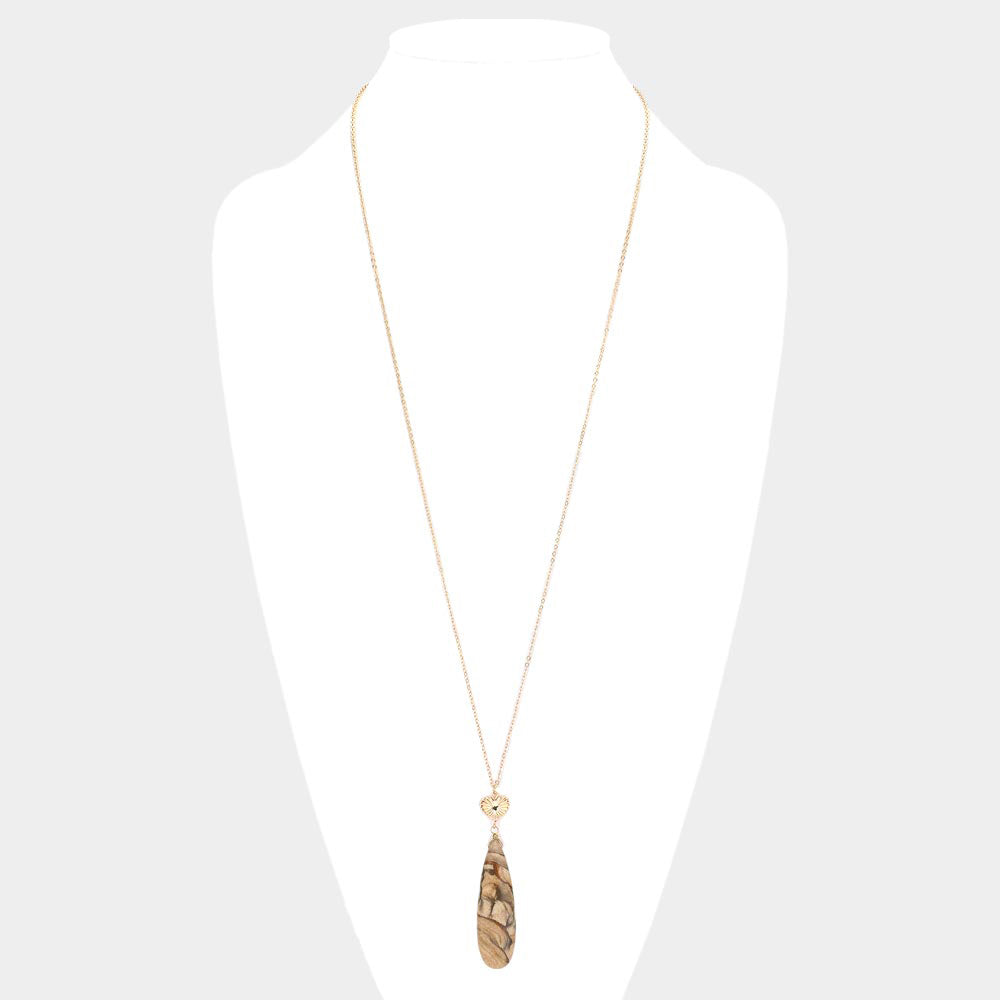 Metal Heart Teardrop Natural Stone Link Pendant Long Necklace - Necklaces