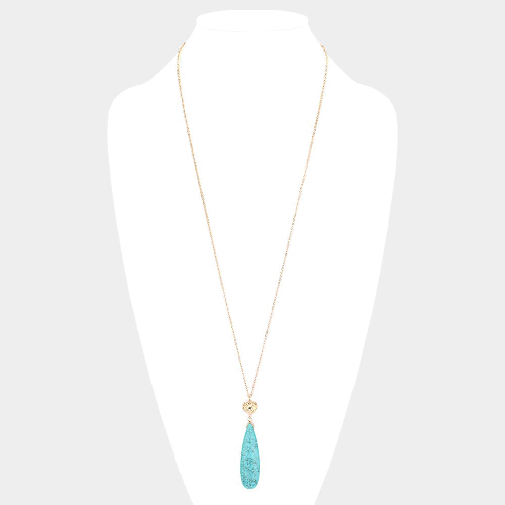 Metal Heart Teardrop Natural Stone Link Pendant Long Necklace - Necklaces