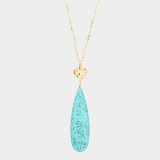 Metal Heart Teardrop Natural Stone Link Pendant Long Necklace - Turquoise - Necklaces