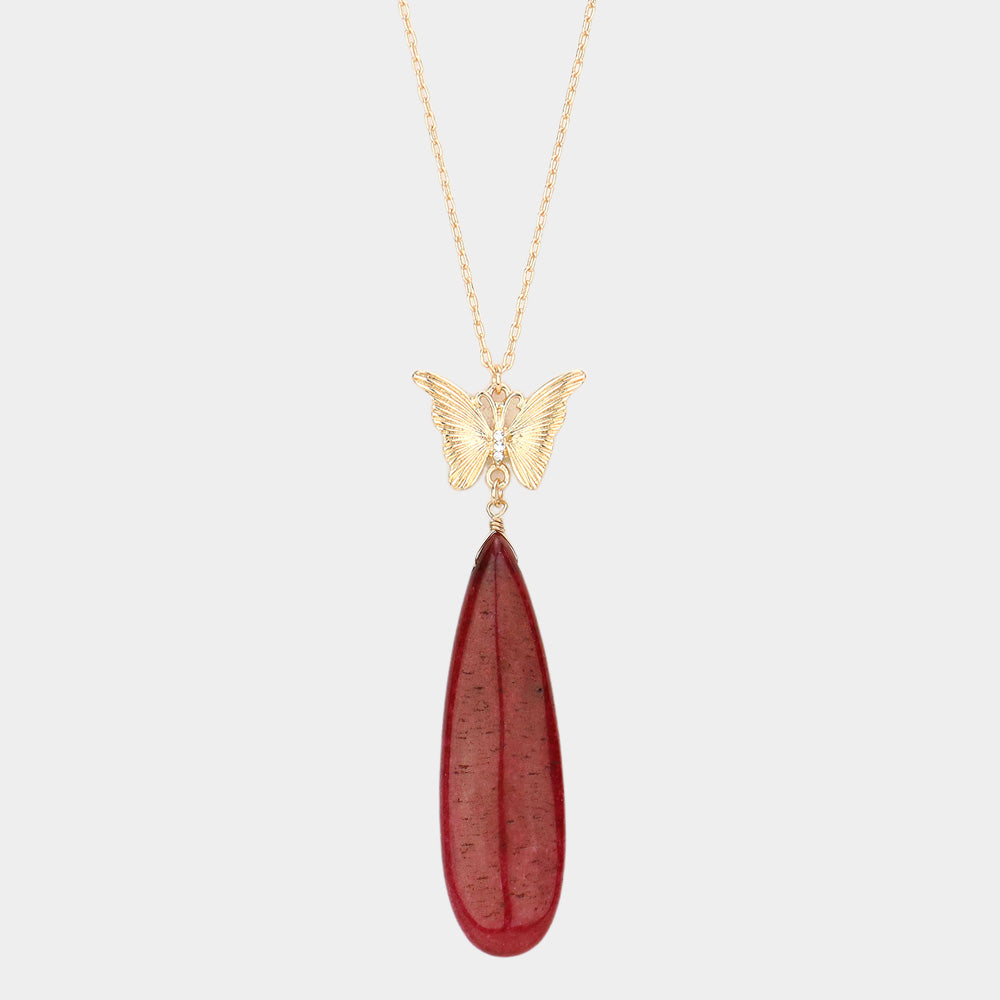Madeline Love Burgundy Butterfly Natural Stone Teardrop Link Pendant Long Necklace - Necklaces