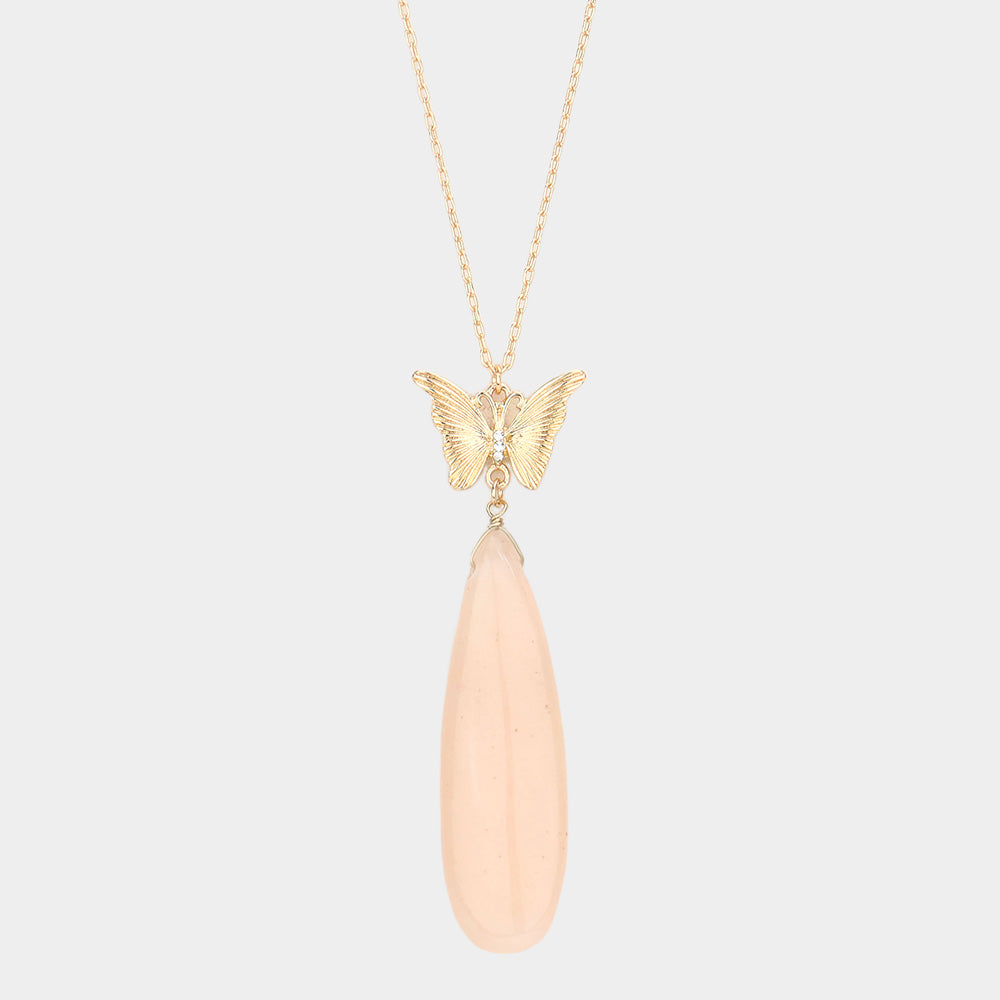 Madeline Love Pink Butterfly Natural Stone Teardrop Link Pendant Long Necklace - Necklaces