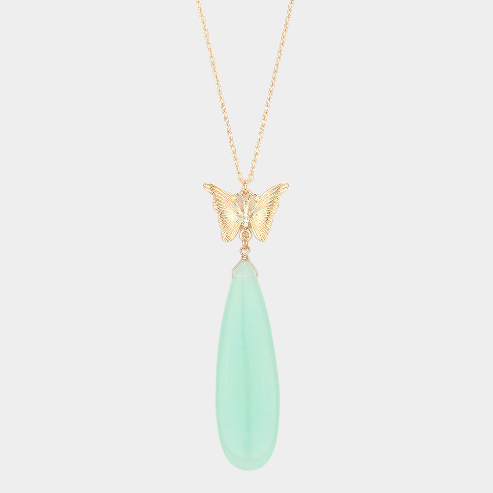 Madeline Love Mint Butterfly Natural Stone Teardrop Link Pendant Long Necklace - Necklaces