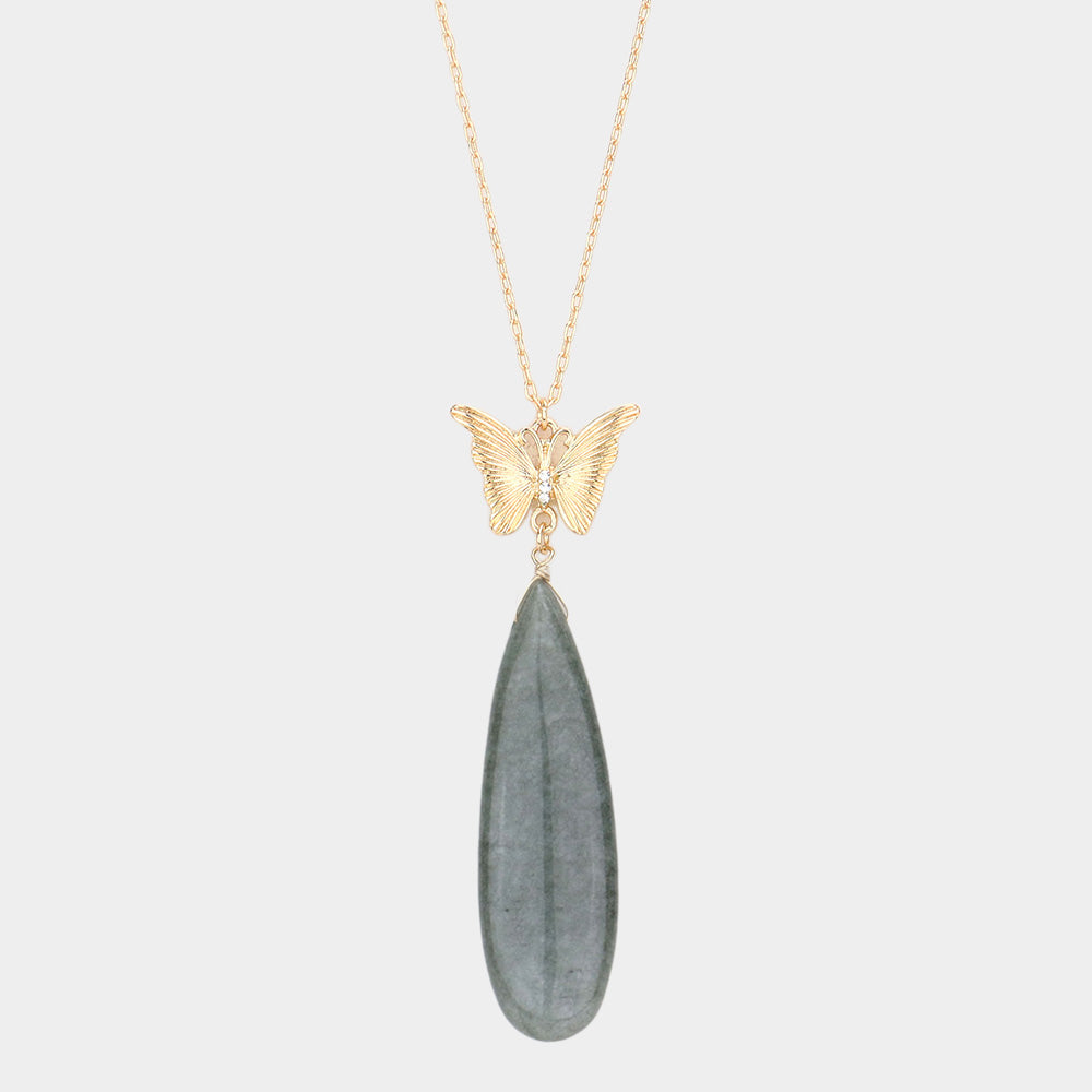 Madeline Love Gray Butterfly Natural Stone Teardrop Link Pendant Long Necklace - Necklaces