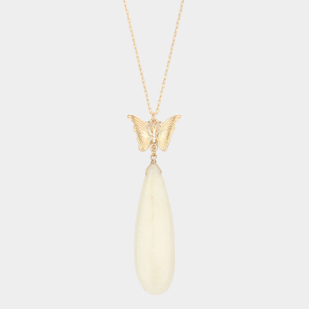 Madeline Love Ivory Butterfly Natural Stone Teardrop Link Pendant Long Necklace - Necklaces