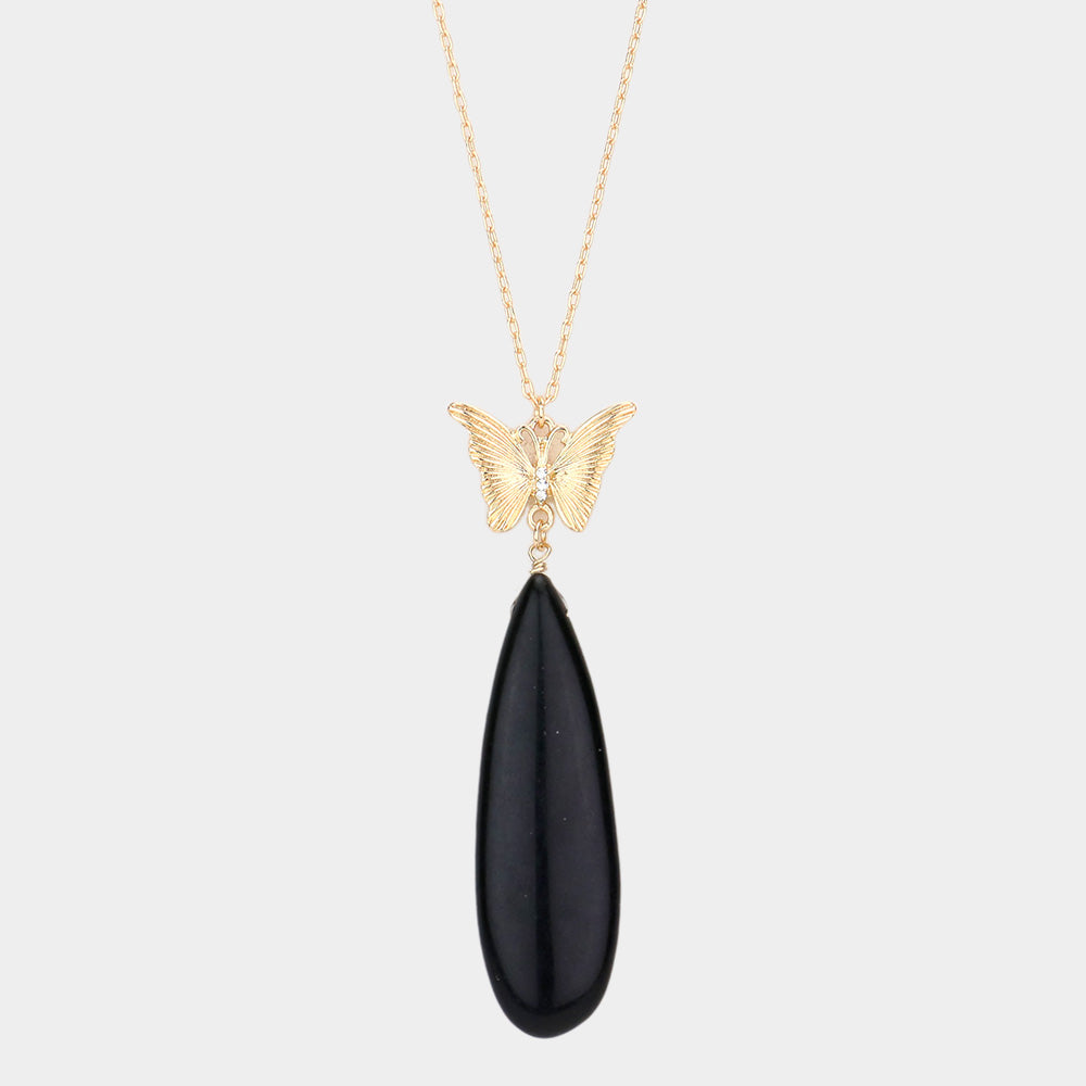 Madeline Love Jet Black Butterfly Natural Stone Teardrop Link Pendant Long Necklace - Necklaces