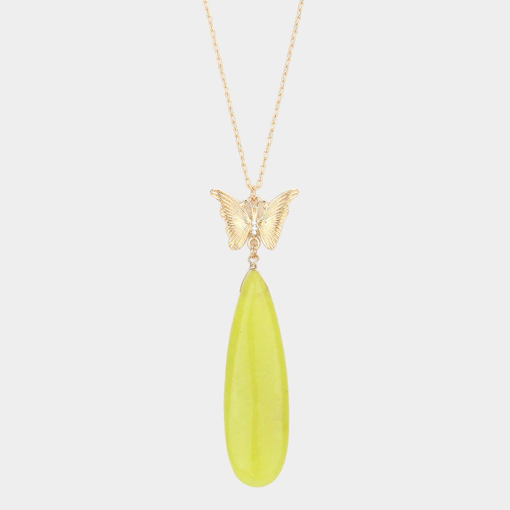 Madeline Love Lime Butterfly Natural Stone Teardrop Link Pendant Long Necklace - Necklaces