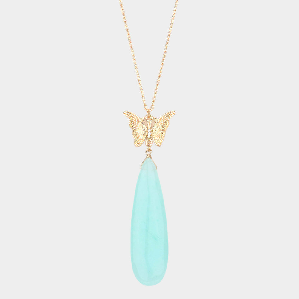 Madeline Love Light Blue Butterfly Natural Stone Teardrop Link Pendant Long Necklace - Necklaces