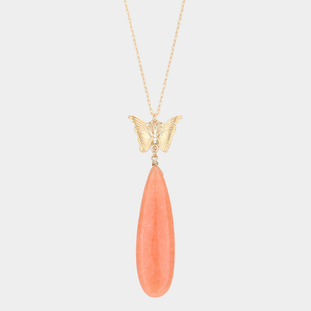 Madeline Love Peach Butterfly Natural Stone Teardrop Link Pendant Long Necklace - Necklaces