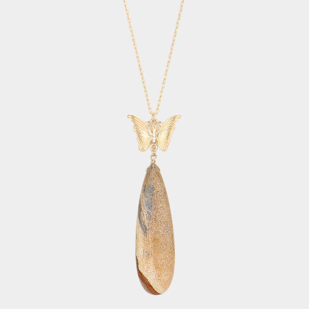Madeline Love Brown Butterfly Natural Stone Teardrop Link Pendant Long Necklace - Necklaces