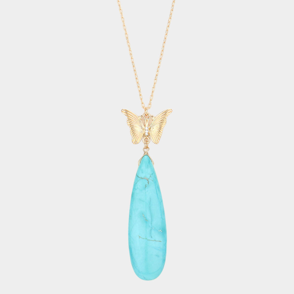 Madeline Love Turquoise Butterfly Natural Stone Teardrop Link Pendant Long Necklace - Necklaces