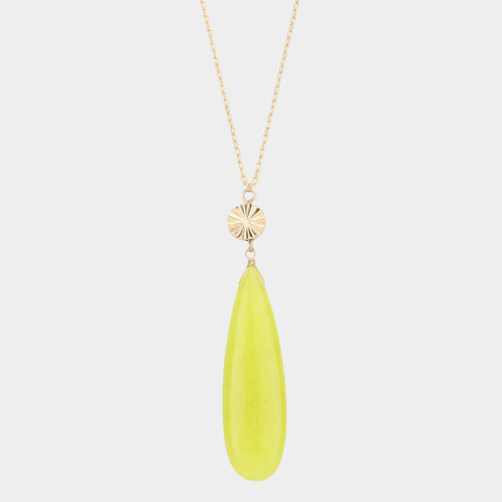Madeline Love Lime Textured Metal Round Natural Stone Teardrop Link Pendant Long Necklace - Necklaces