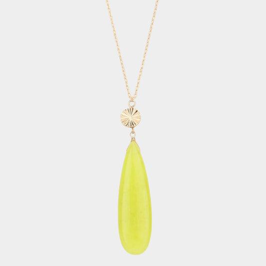 Madeline Love Lime Textured Metal Round Natural Stone Teardrop Link Pendant Long Necklace - Necklaces