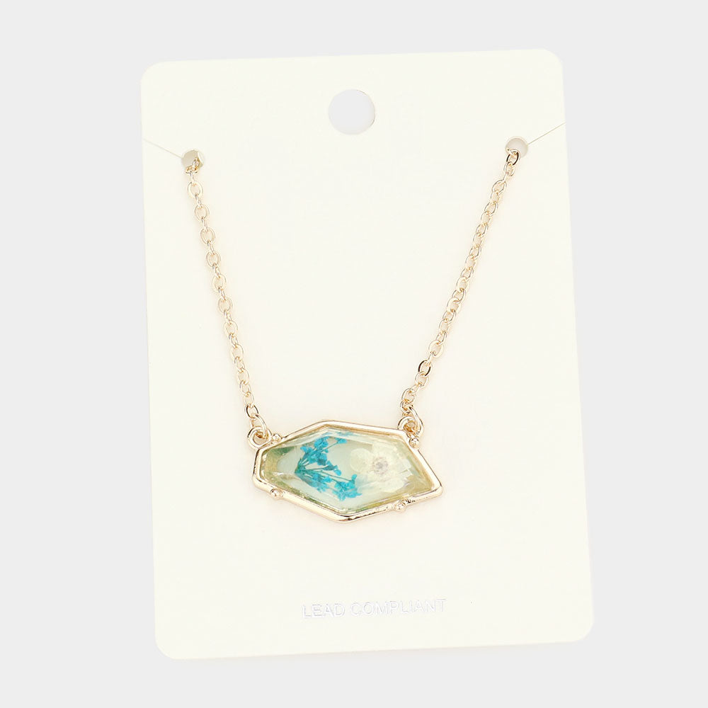 Madeline Love Turquoise Angled Metal Trimmed Pressed Flower Pendant Necklace - Necklaces