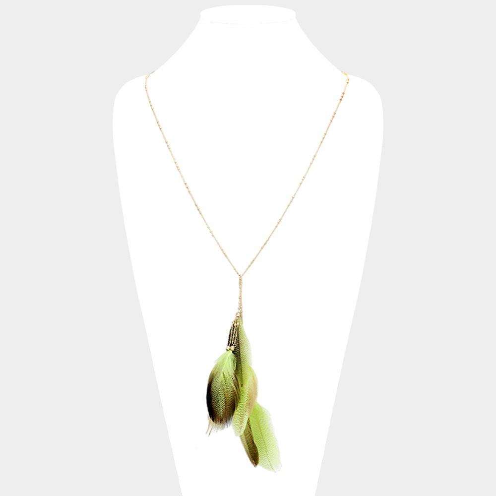 Madeline Love Olive Green Layered Feather Pendant Long Necklace - Necklaces