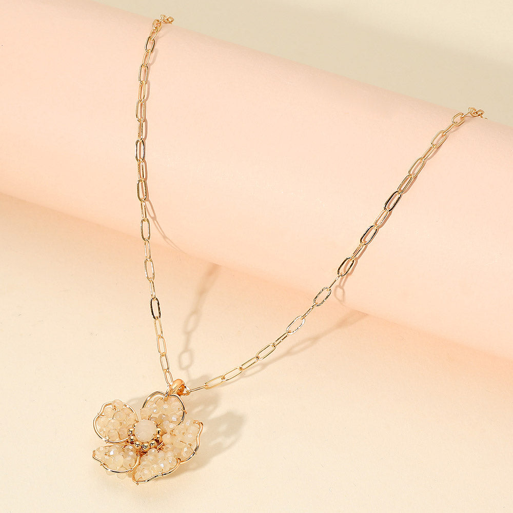 Madeline Love Neutral Beaded Flower Pendant Paperclip Chain Necklace - Jewelry