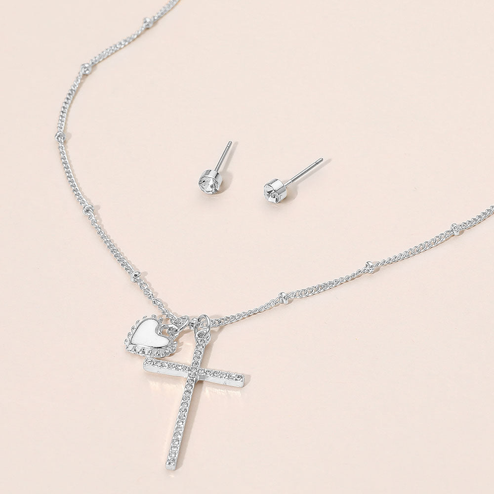 Madeline Love Rhodium Heart Cross Pendant Necklace - Jewelry