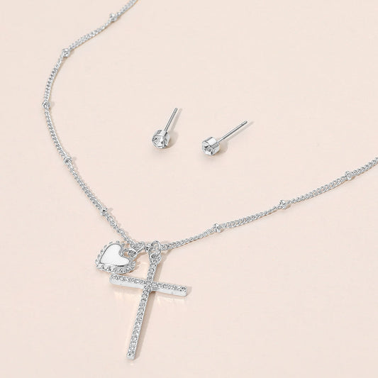 Madeline Love Rhodium Heart Cross Pendant Necklace - Jewelry
