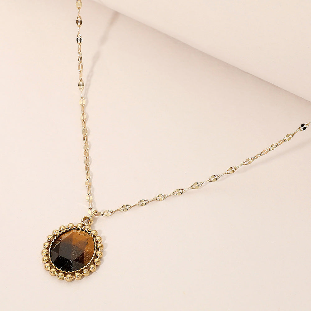 Madeline Love Brown Stainless Steel Beaded Trim Oval Stone Pendant Necklace
