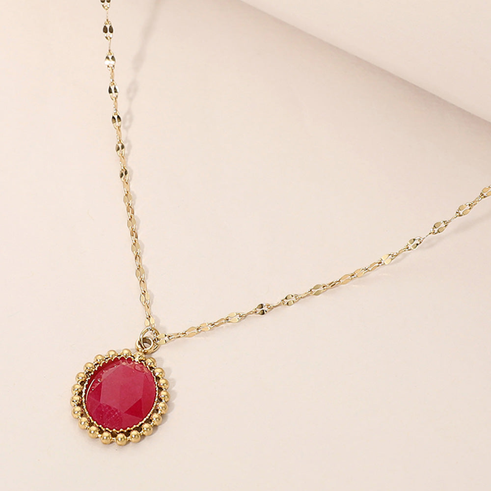Madeline Love Fuchsia Stainless Steel Beaded Trim Oval Stone Pendant Necklace