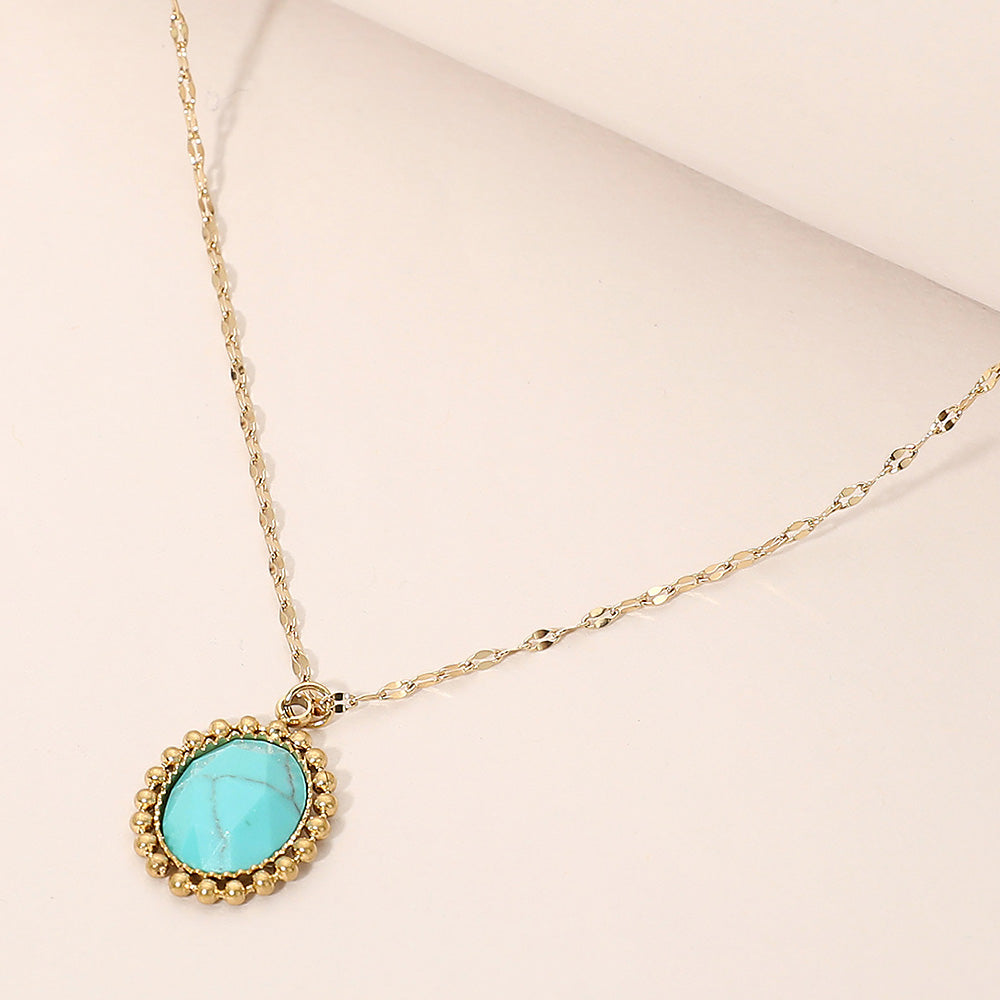 Madeline Love Turquoise Stainless Steel Beaded Trim Oval Stone Pendant Necklace