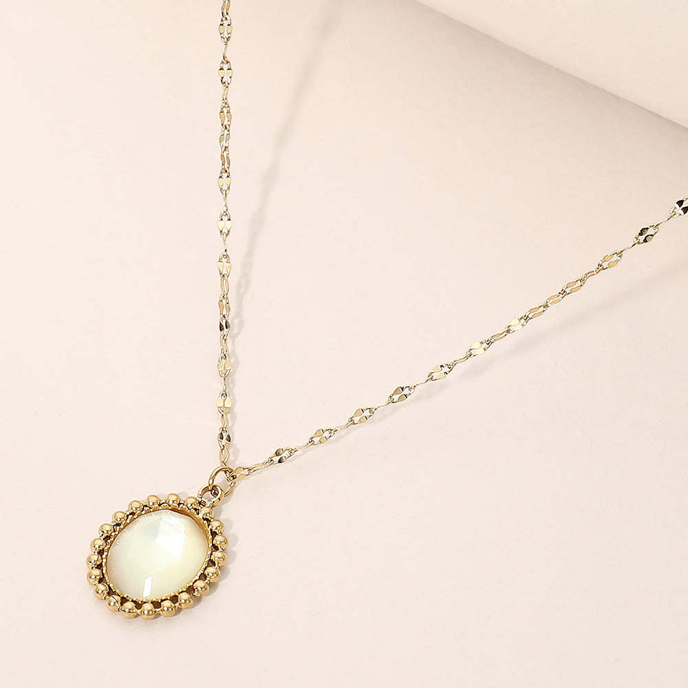 Madeline Love White Stainless Steel Beaded Trim Oval Stone Pendant Necklace