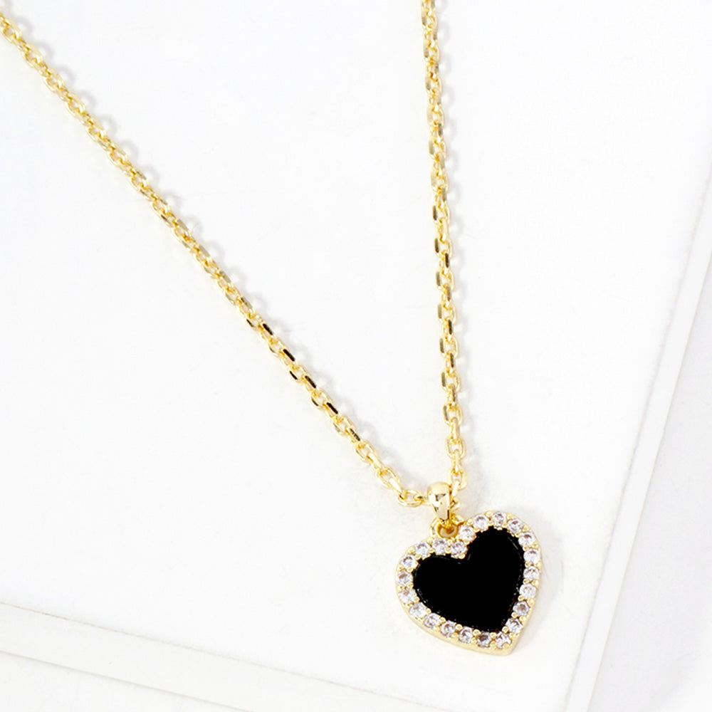 Madeline Love Black, Gold Gold Dipped CZ Stone Paved Rim Heart Pendant Necklace - Jewelry