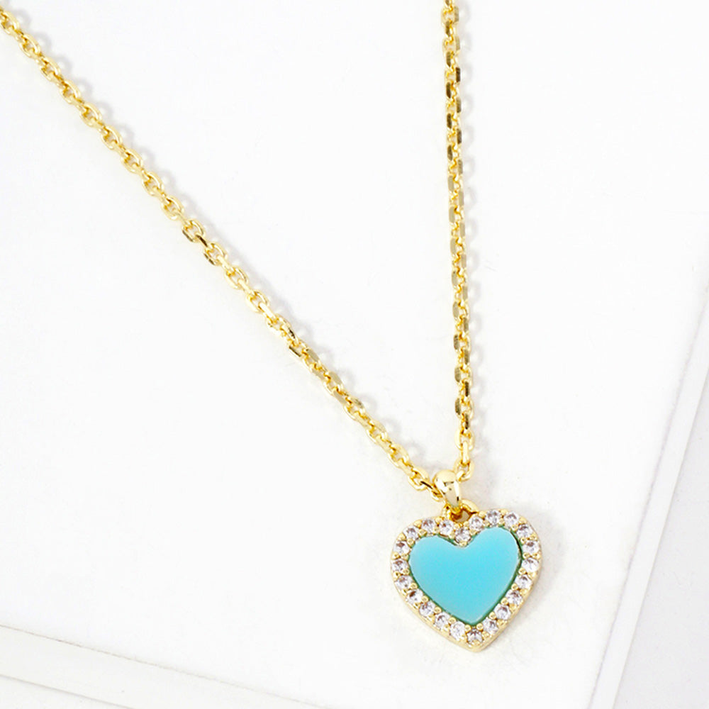 Madeline Love Gold, Turquoise Gold Dipped CZ Stone Paved Rim Heart Pendant Necklace - Jewelry