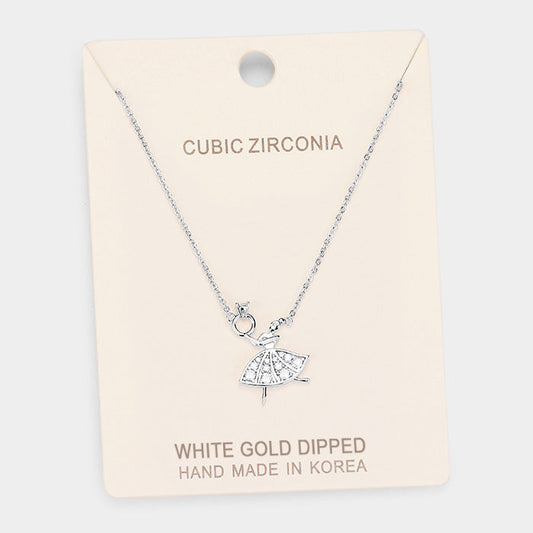 Madeline Love Clear, Rhodium White Gold Dipped Cubic Zirconia Ballerina Pendant Necklace - Necklaces