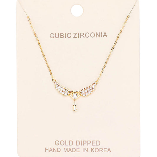 Madeline Love Clear, Gold Gold Dipped CZ Angel Wings Key Pendant Necklace - Necklaces
