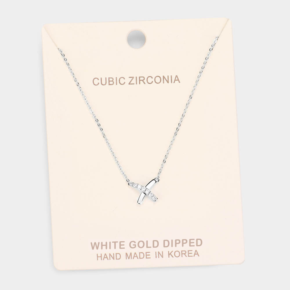 Madeline Love Clear, Rhodium White Gold Dipped Cubic Zirconia Crisscross Pendant Necklace - Necklaces